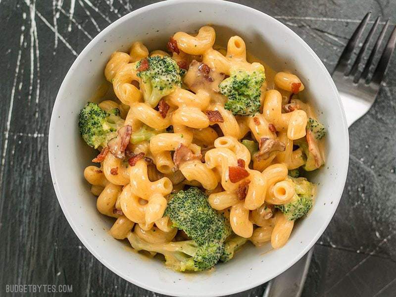 Overhead shot of a bowl full of One Pot Bacon Broccoli Mac and Cheese 