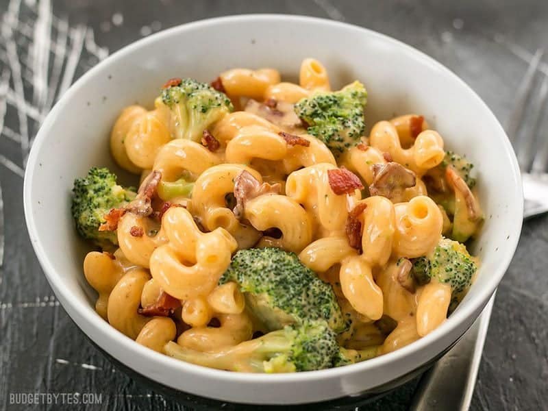 Front view of a bowl of One Pot Bacon Broccoli Mac and Cheese 