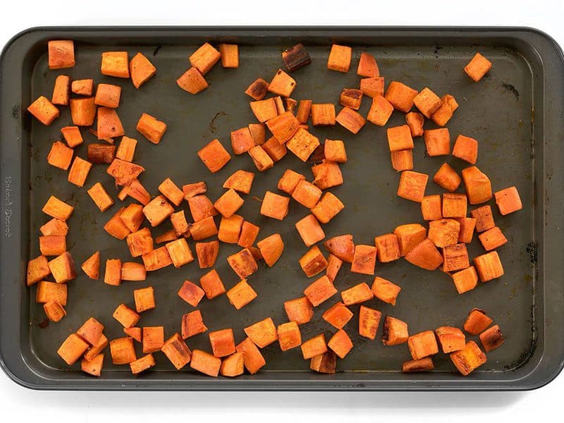 Roasted Sweet Potatoes on baking sheet