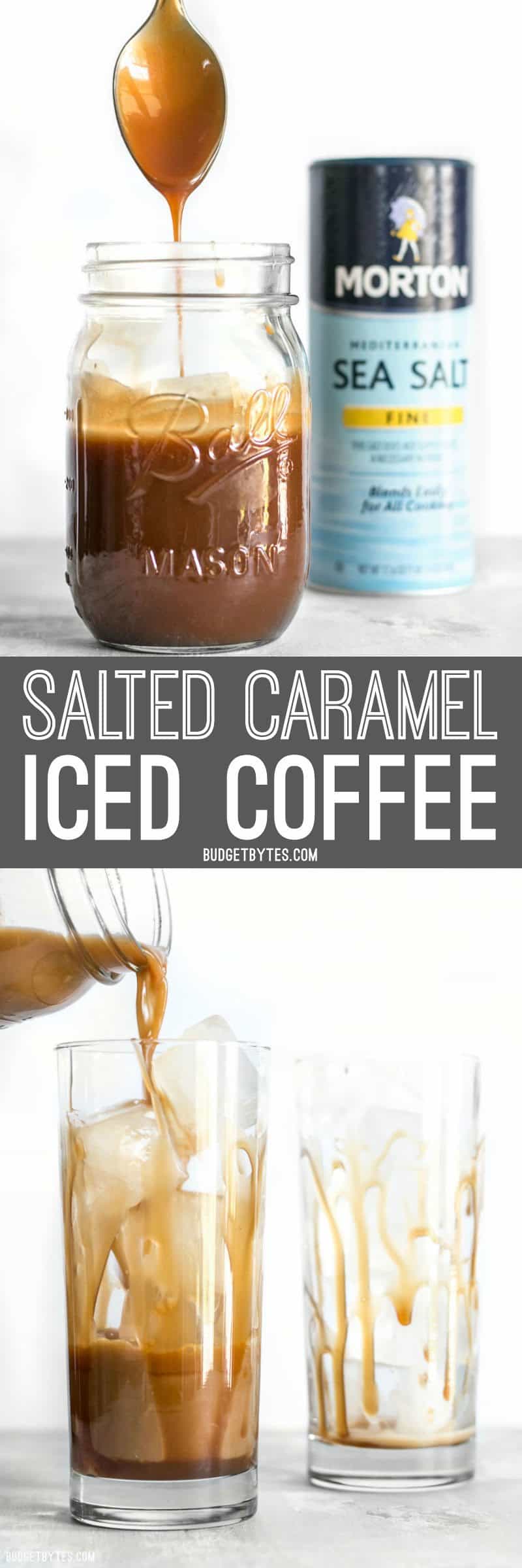 A little fine sea salt helps this Homemade Salted Caramel Iced Coffee stay smooth and taste extra sweet. #ad Make this coffee house favorite at home for less! #ad BudgetBytes.com