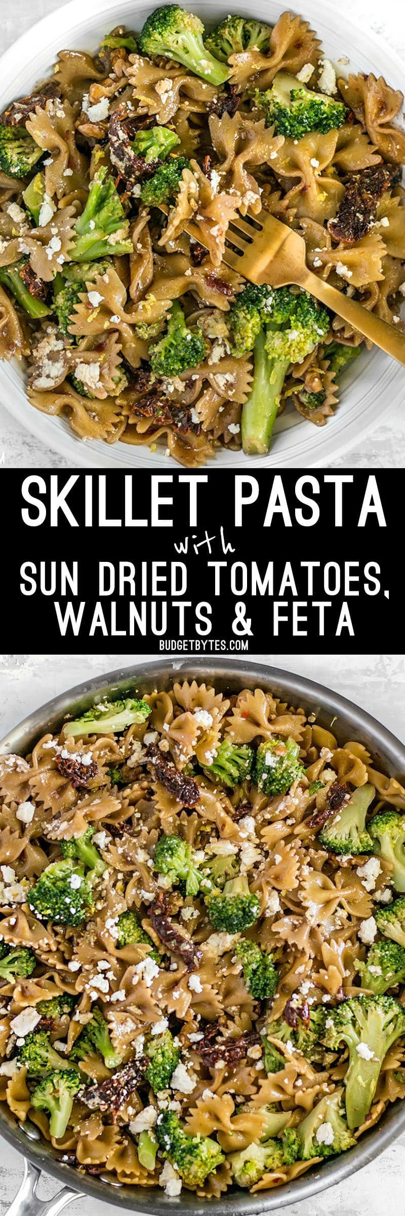 A few pantry staples come together to make a fantastic dinner in this fast, easy, and flavorful one Skillet Pasta with Sun Dried Tomatoes Walnuts and Feta. BudgetBytes.com