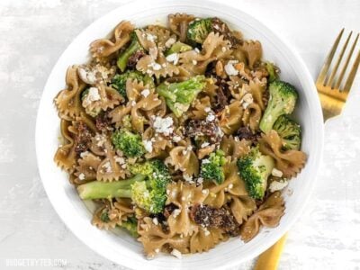 A few pantry staples come together to make a fantastic dinner in this fast, easy, and flavorful one Skillet Pasta with Sun Dried Tomatoes Walnuts and Feta. BudgetBytes.com