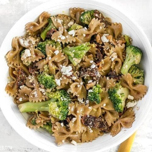 A few pantry staples come together to make a fantastic dinner in this fast, easy, and flavorful one Skillet Pasta with Sun Dried Tomatoes Walnuts and Feta. BudgetBytes.com