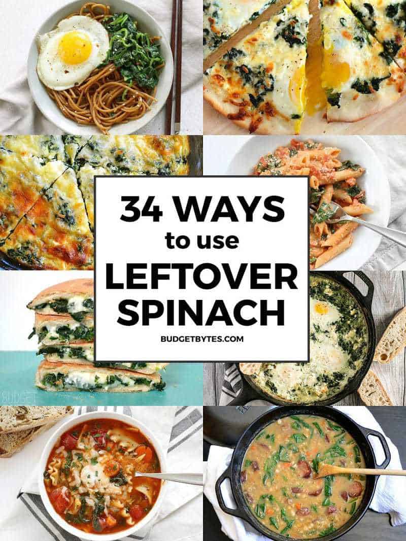 Fresh spinach is a nutritious and versatile ingredient, but it can be difficult to use before it goes bad. Here are 34 ways to make sure all of your leftover spinach gets used! BudgetBytes.com