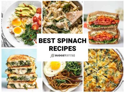 Collage of spinach recipes photos with title text in the center.