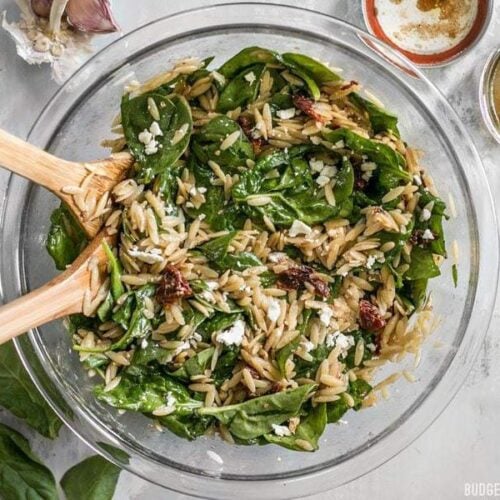 A quick homemade balsamic vinaigrette makes this simple Spinach and Orzo Salad extra special. Serve as a light lunch or a side with dinner. BudgetBytes.com