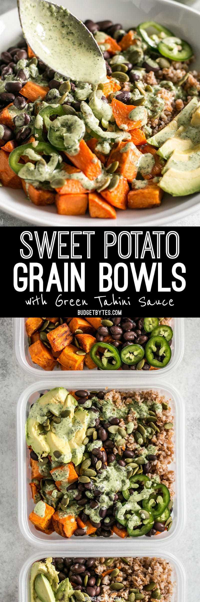 These Sweet Potato Grain Bowls with Green Tahini Sauce are prefect for meal prep and bursting with color, texture, and flavor! BudgetBytes.com