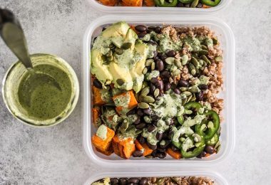These Sweet Potato Grain Bowls with Green Tahini Sauce are prefect for meal prep and bursting with color, texture, and flavor! BudgetBytes.com
