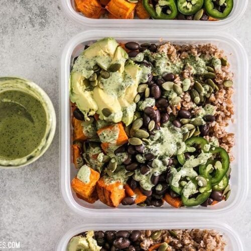 These Sweet Potato Grain Bowls with Green Tahini Sauce are prefect for meal prep and bursting with color, texture, and flavor! BudgetBytes.com