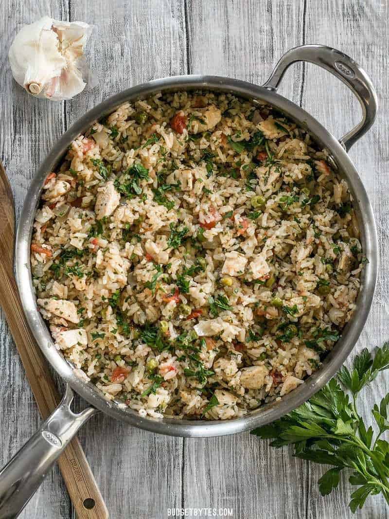 A full skillet of Chimichurri Chicken and Rice from above