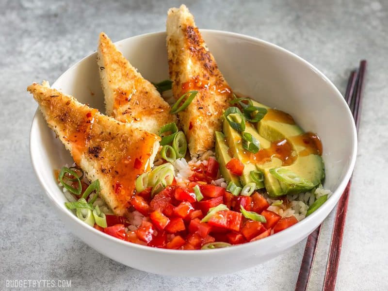 Coconut Crusted Tofu bowl meal from the front