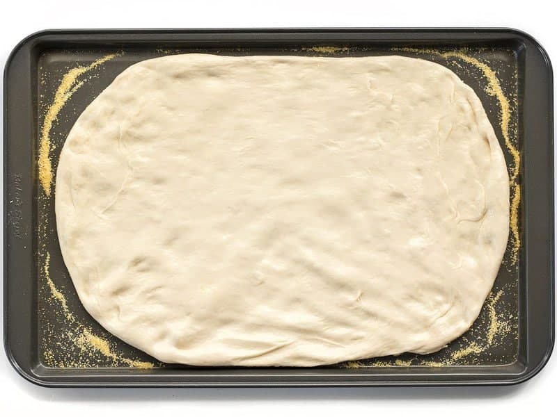 Flattened Dough on baking sheet with cornmeal