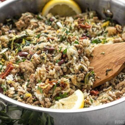 Everything cooks together in one pot for this fast and easy Greek Turkey and Rice Skillet, creating big flavor without a lot of fuss. BudgetBytes.com