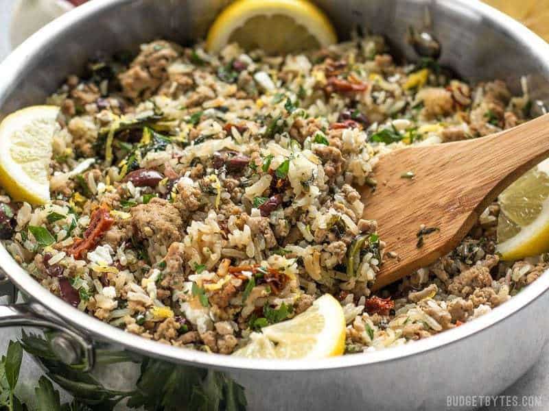 Everything cooks together in one pot for this fast and easy Greek Turkey and Rice Skillet, creating big flavor without a lot of fuss. BudgetBytes.com
