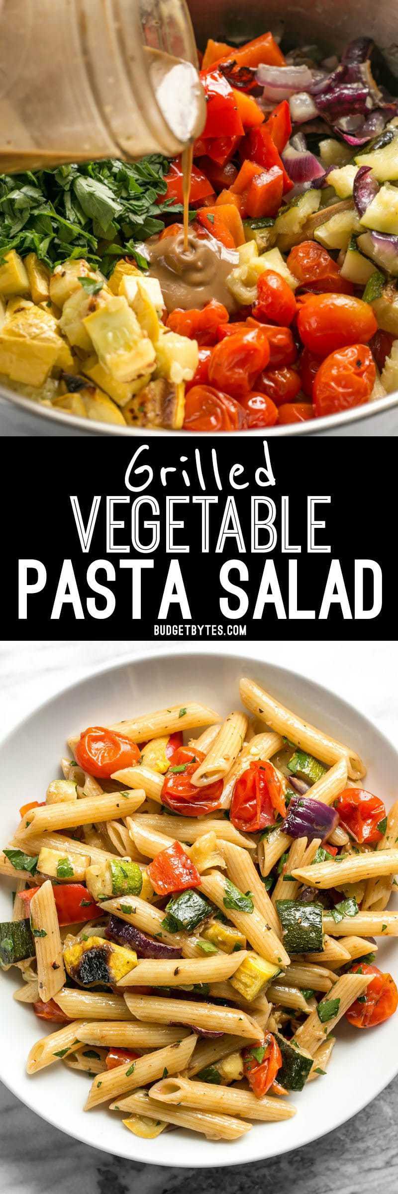 This classic summer Grilled Vegetable Pasta Salad features smoky fire licked vegetables and a homemade creamy balsamic vinaigrette. BudgetBytes.com