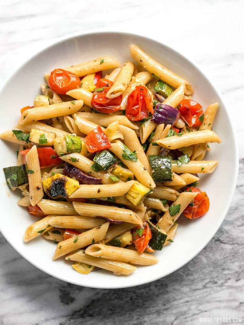 This classic summer Grilled Vegetable Pasta Salad features smoky fire licked vegetables and a homemade creamy balsamic vinaigrette. BudgetBytes.com