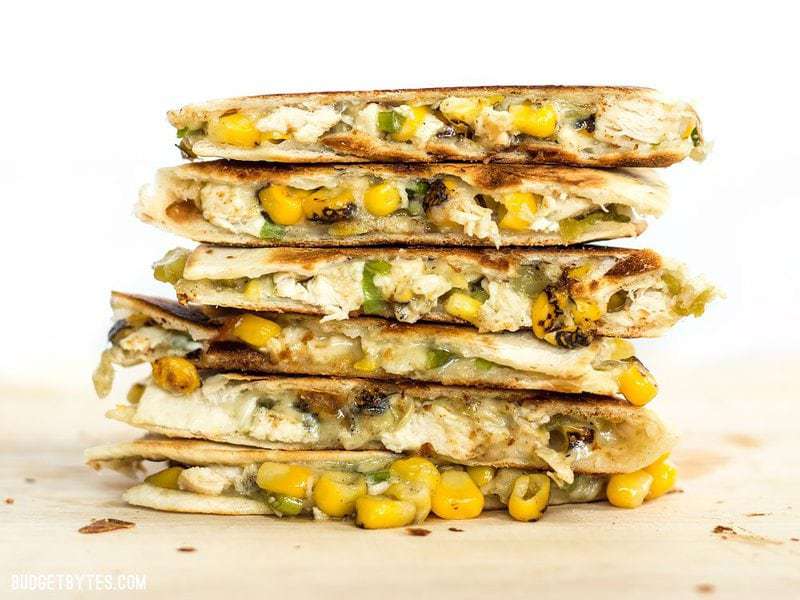 A stack of Roasted Corn Quesadillas viewed from the side