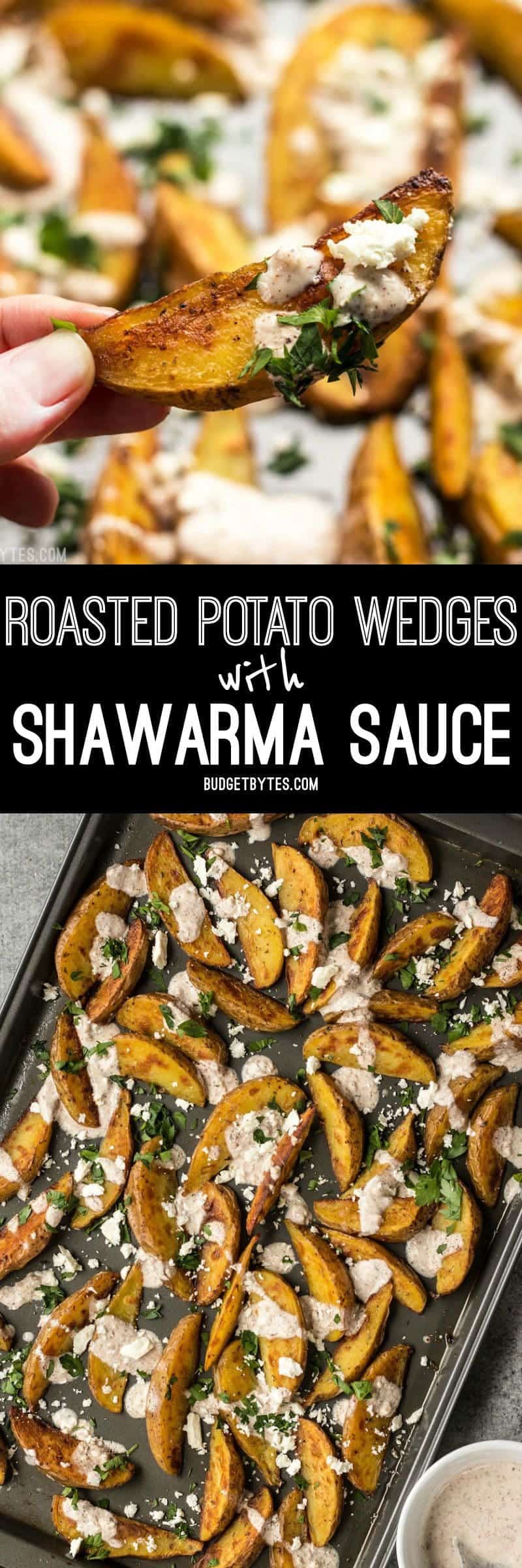 These simple Roasted Potato Wedges are the perfect vehicle for this creamy, garlicky shawarma sauce and crumbled feta. BudgetBytes.com