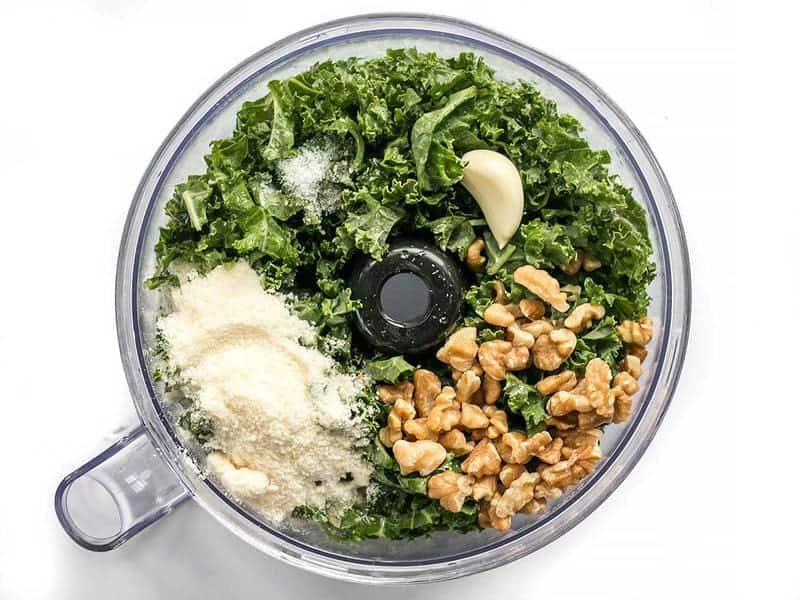 Kale Pesto Ingredients in the food processor bowl