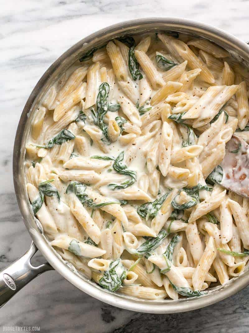 Full pan of fast and easy "Lighter" Spinach Alfredo Pasta