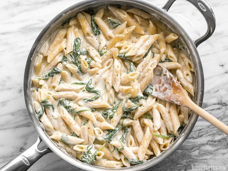 Finished pan full of "Lighter" Spinach Alfredo Pasta