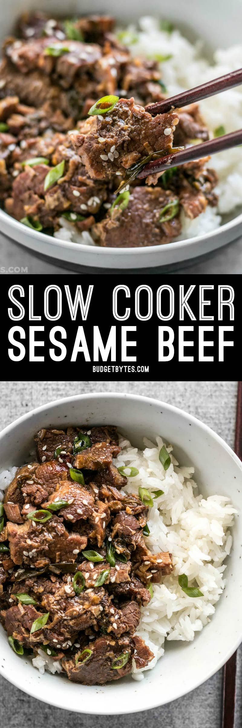 This tender, rich, and flavorful Slow Cooker Sesame Beef is extremely versatile and only requires a few ingredients that can be found at most grocery stores. BudgetBytes.com