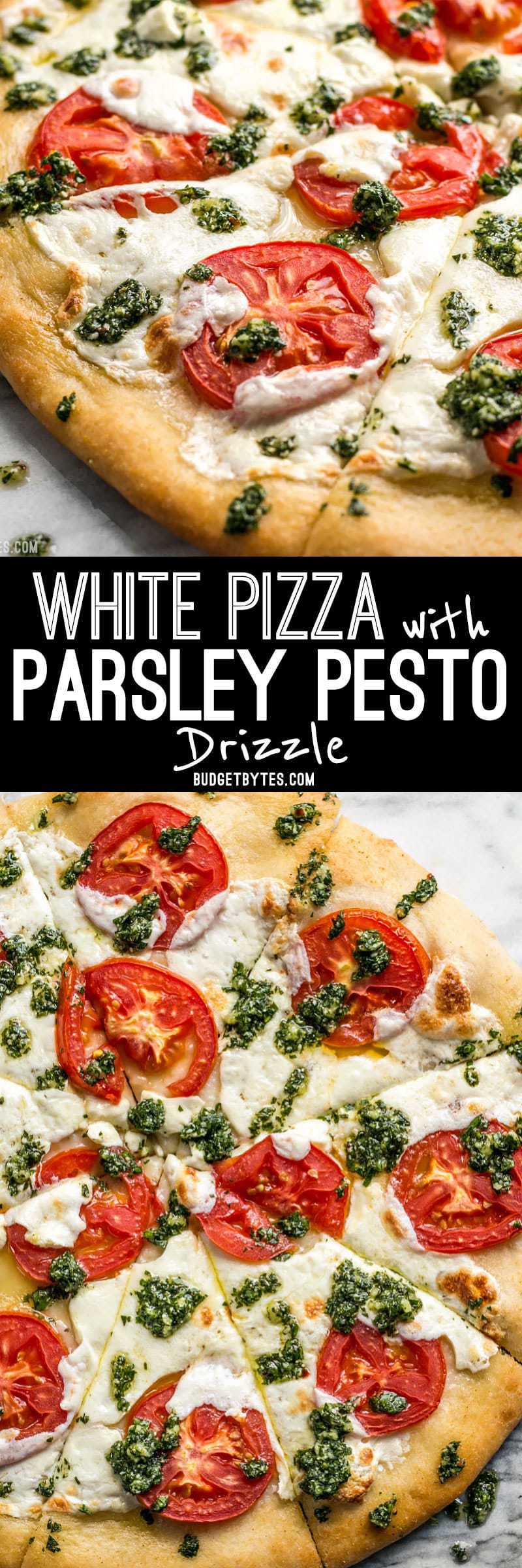 Take your Marghertia pizza up a level with a drizzle of zesty parsley pesto. This white pizza is anything but boring. BudgetBytes.com