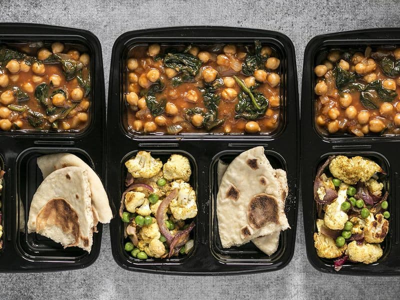 Three Curried Chickpeas Meal Prep containers in a row