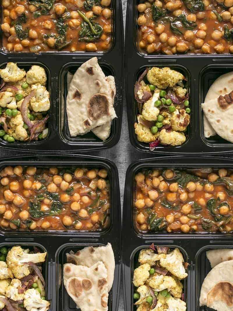 Close up of Curried Chickpeas Meal Prep containers lined up