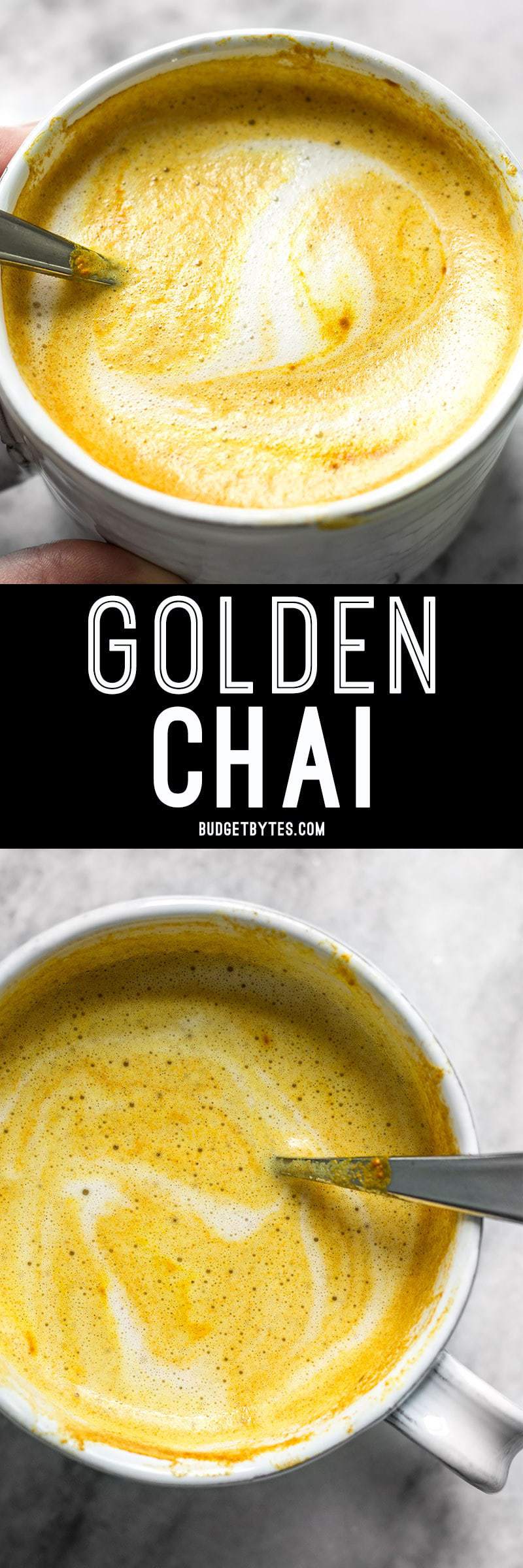 This Golden Chai is full of warm exotic spices, earthy turmeric, and just a hint of natural honey. It's warm, comforting, and perfect for fall! BudgetBytes.com