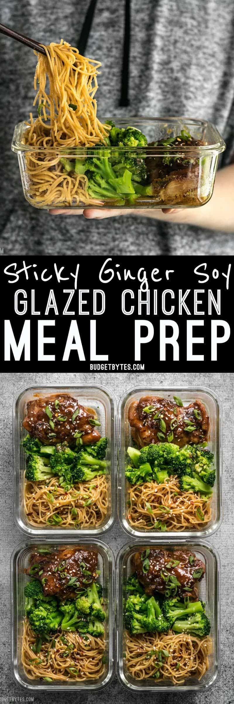 Salty, sweet, and rich flavors dominate this Sticky Ginger Soy Glazed Chicken Meal Prep Box, with tender broccoli florets for good measure. BudgetBytes.com