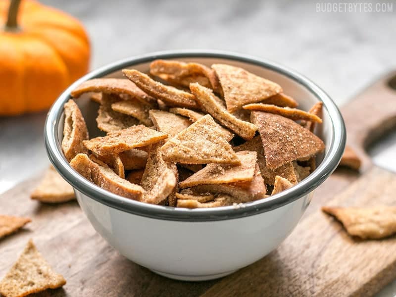 Front view of a bowl of Cinnamon Pita Crisps