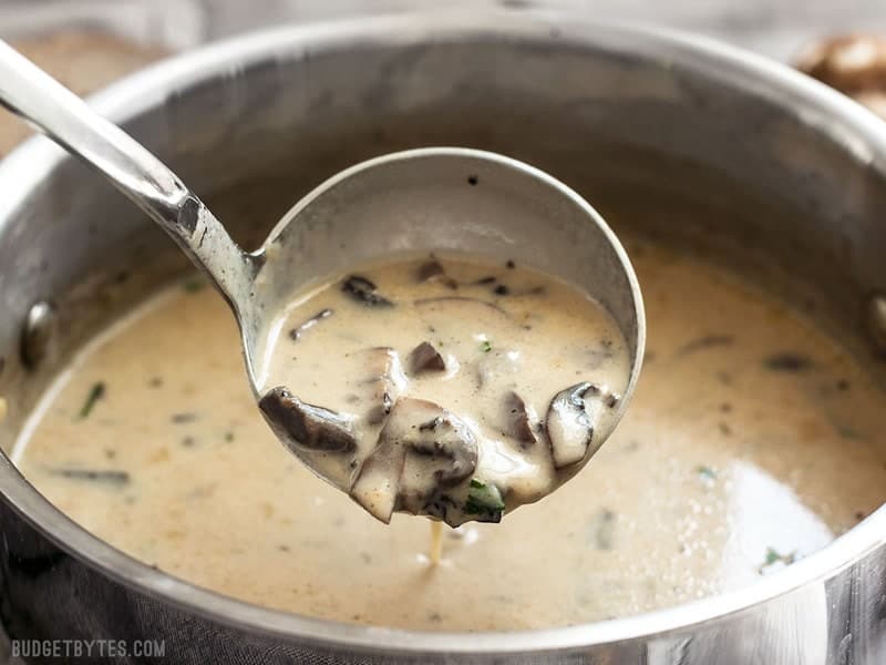 Season Creamy Garlic Mushroom Soup with soy sauce and salt