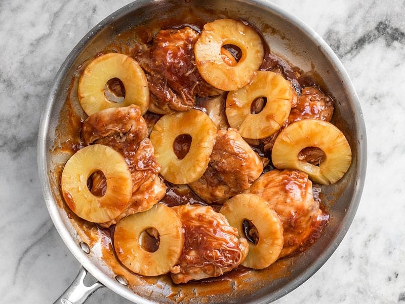 Dredge Chicken and Pineapple Slices in BBQ pan sauce
