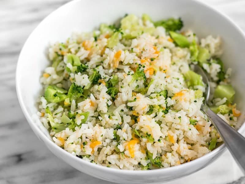 Front view of a bowl of Easy Cheesy Broccoli Rice 