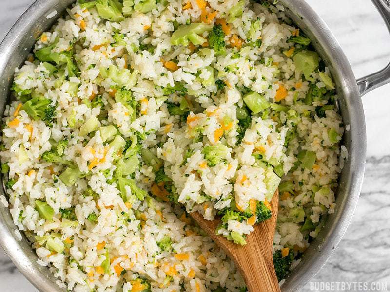 Close up of the pot full of Easy Cheesy Broccoli Rice