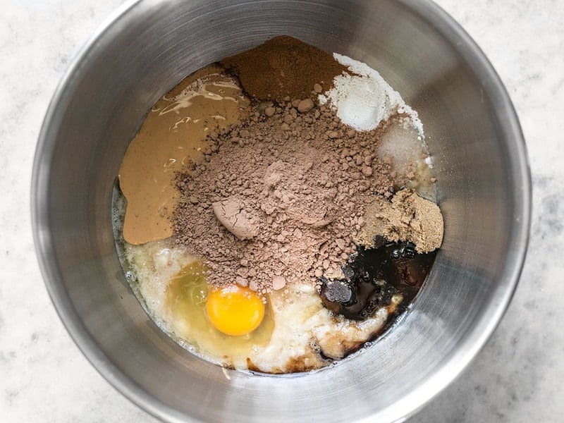 First Ingredients for Peanut Butter Brownie Baked Oatmeal in a bowl