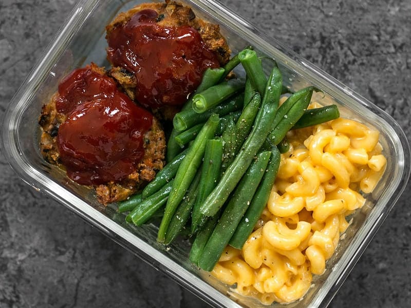One glass Garden Vegetable Turkey Loaf Meal Prep container close up