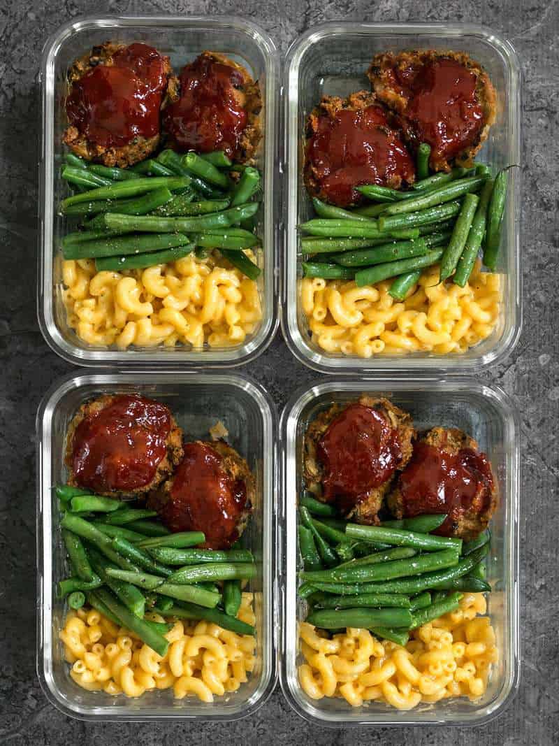 Four glass Garden Vegetable Turkey Loaf Meal Prep containers