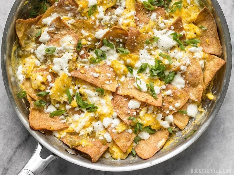 Green Chile Migas is a fast and inexpensive egg dish that is flavorful and filling any time of day, not just for breakfast! BudgetBytes.com