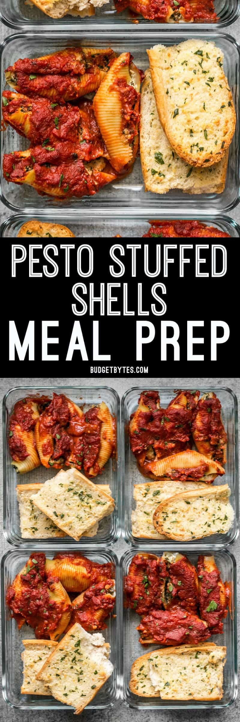 Pesto Stuffed Shells and homemade garlic bread make a classic and comforting lunch that holds up well in the refrigerator. BudgetBytes.com