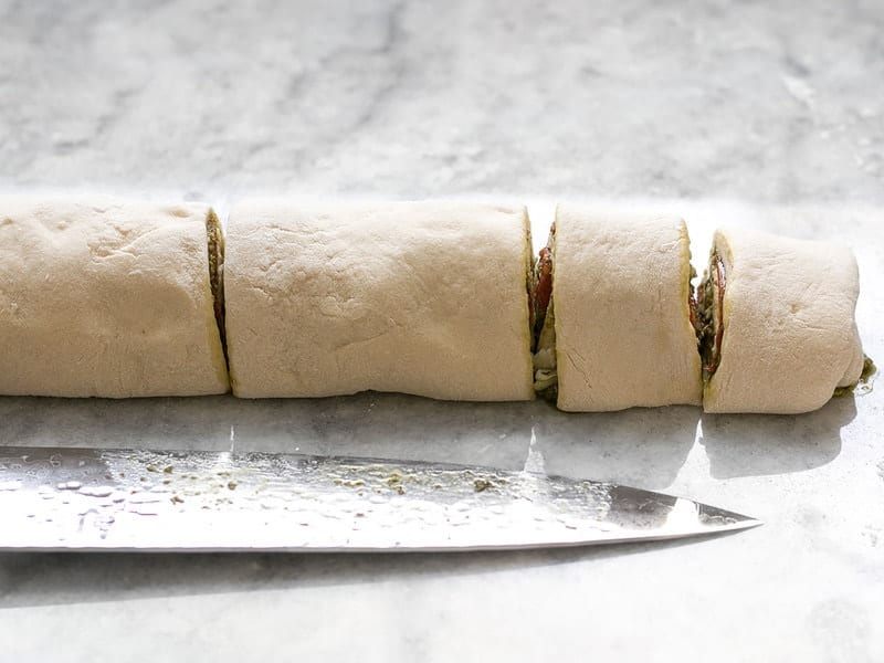 Rolled and sliced stuffed dough