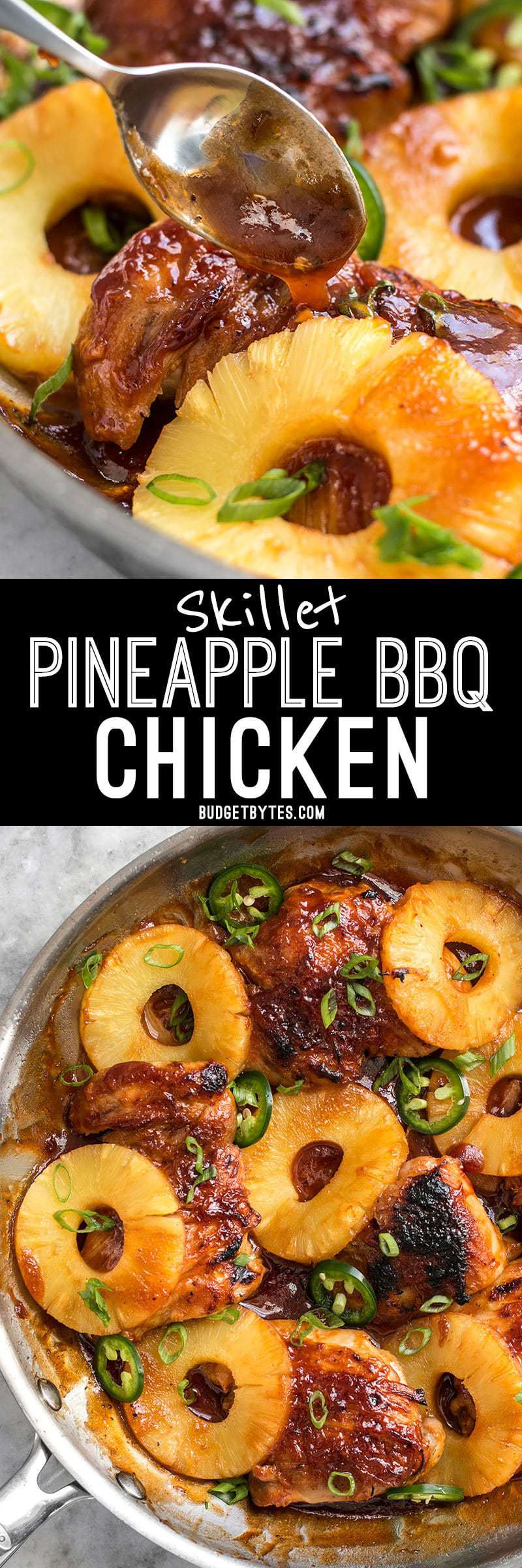 A quick pan sauce drenches tender chicken thighs and thick pineapple slices in this easy Skillet Pineapple BBQ Chicken. BudgetBytes.com