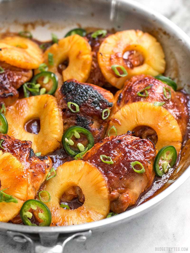 Side view of finished Skillet Pineapple BBQ Chicken