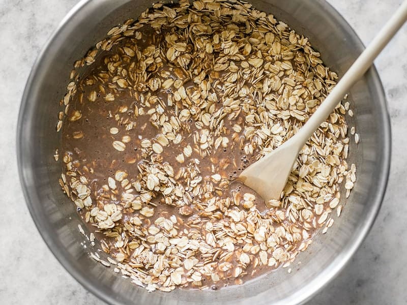 Stir Oats into Peanut Butter Brownie Baked Oatmeal Batter