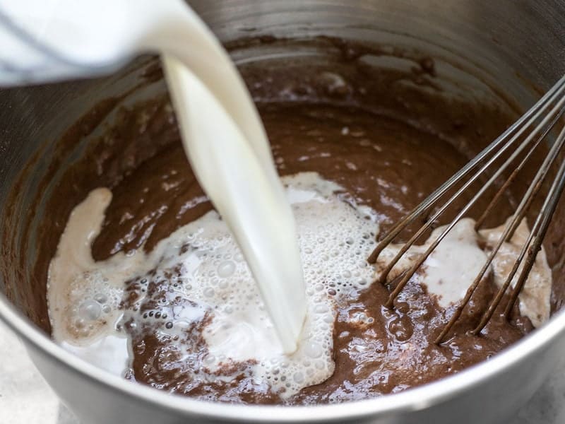 Whisk Milk into Peanut Butter Brownie Baked Oatmeal batter