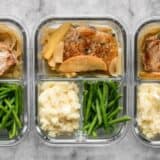This Apple Spice Pork Chop meal prep is packed with tender and juicy pork chops, creamy mashed potatoes, and bright green beans. BudgetBytes.com