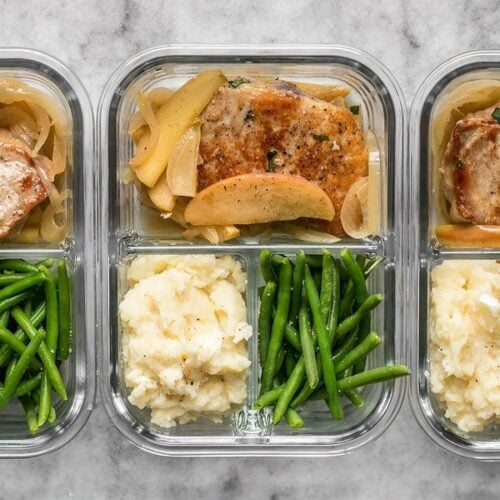 This Apple Spice Pork Chop meal prep is packed with tender and juicy pork chops, creamy mashed potatoes, and bright green beans. BudgetBytes.com