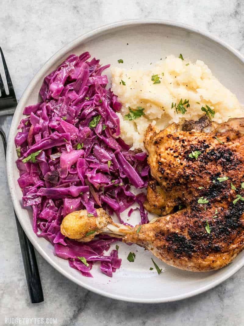 Braised Red Cabbage on a Plate with Roasted Chicken and Mashed Potatoes