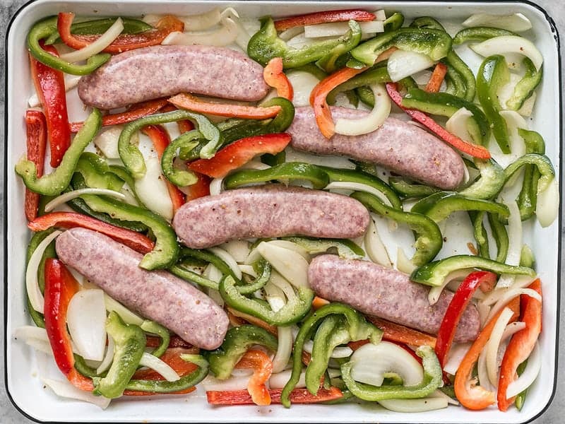 Bratwurst with Peppers and Onions ready to Roast